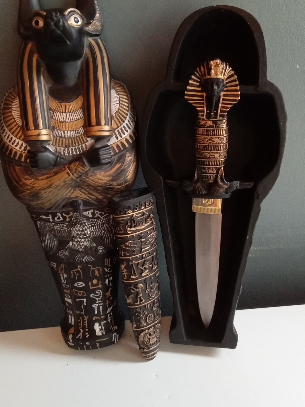 Egyptian Anubis Sarcophagus with Hidden Pharaoh Dagger and Scabbard Set